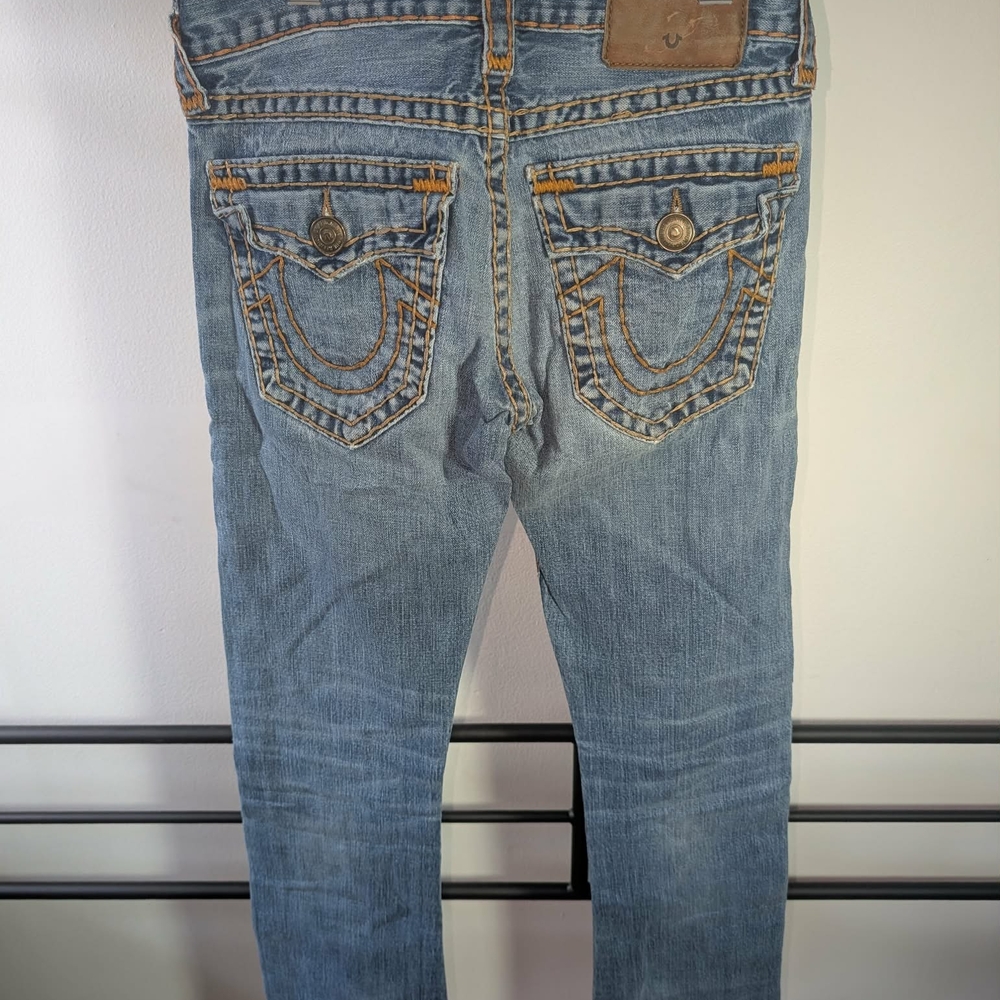 True Religion Light Blue Slim Straight Jeans with Contrast Stitching